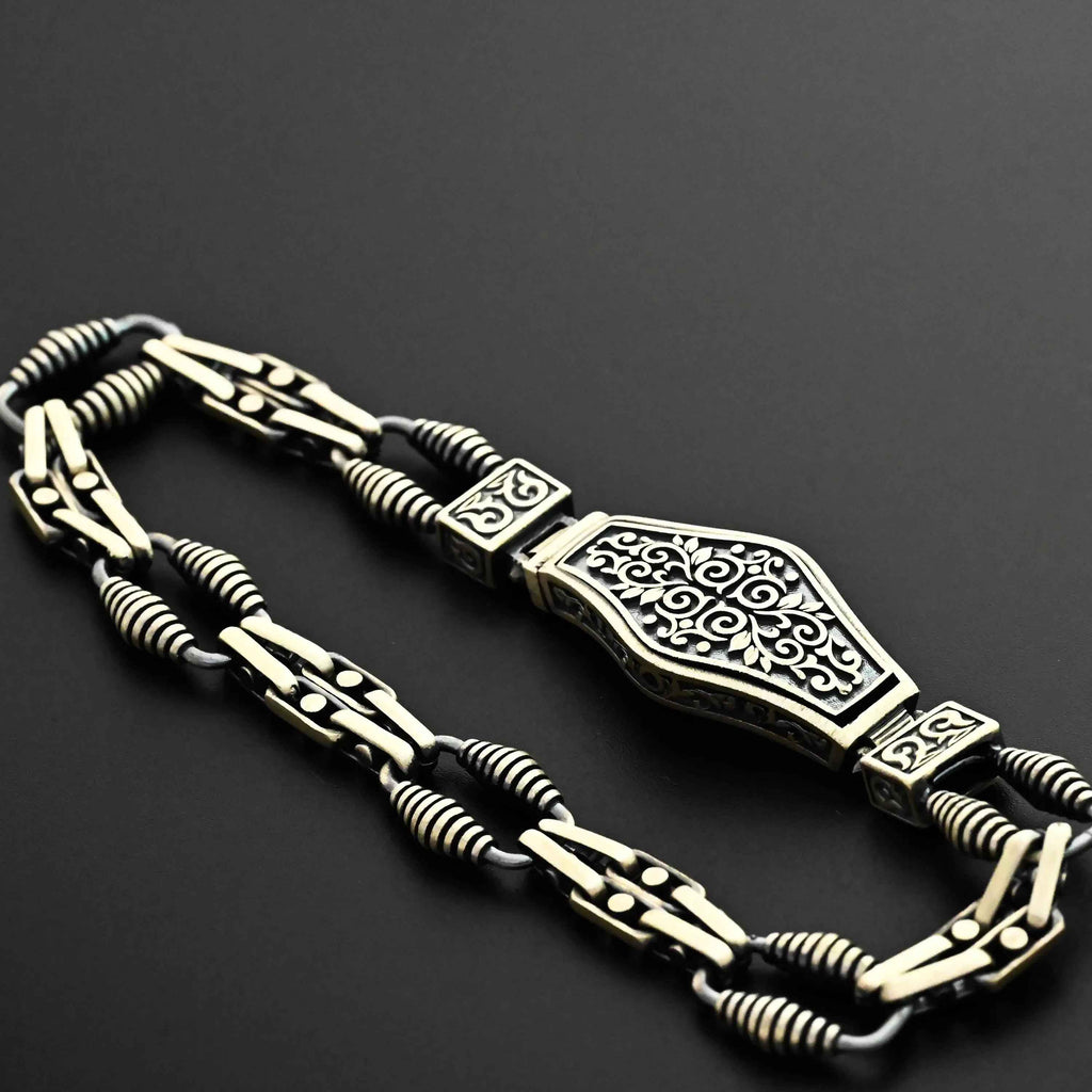 925 Sterling Silver Men’s Bracelet with Ornate Lock | Handmade Gothic Chain Bracelet