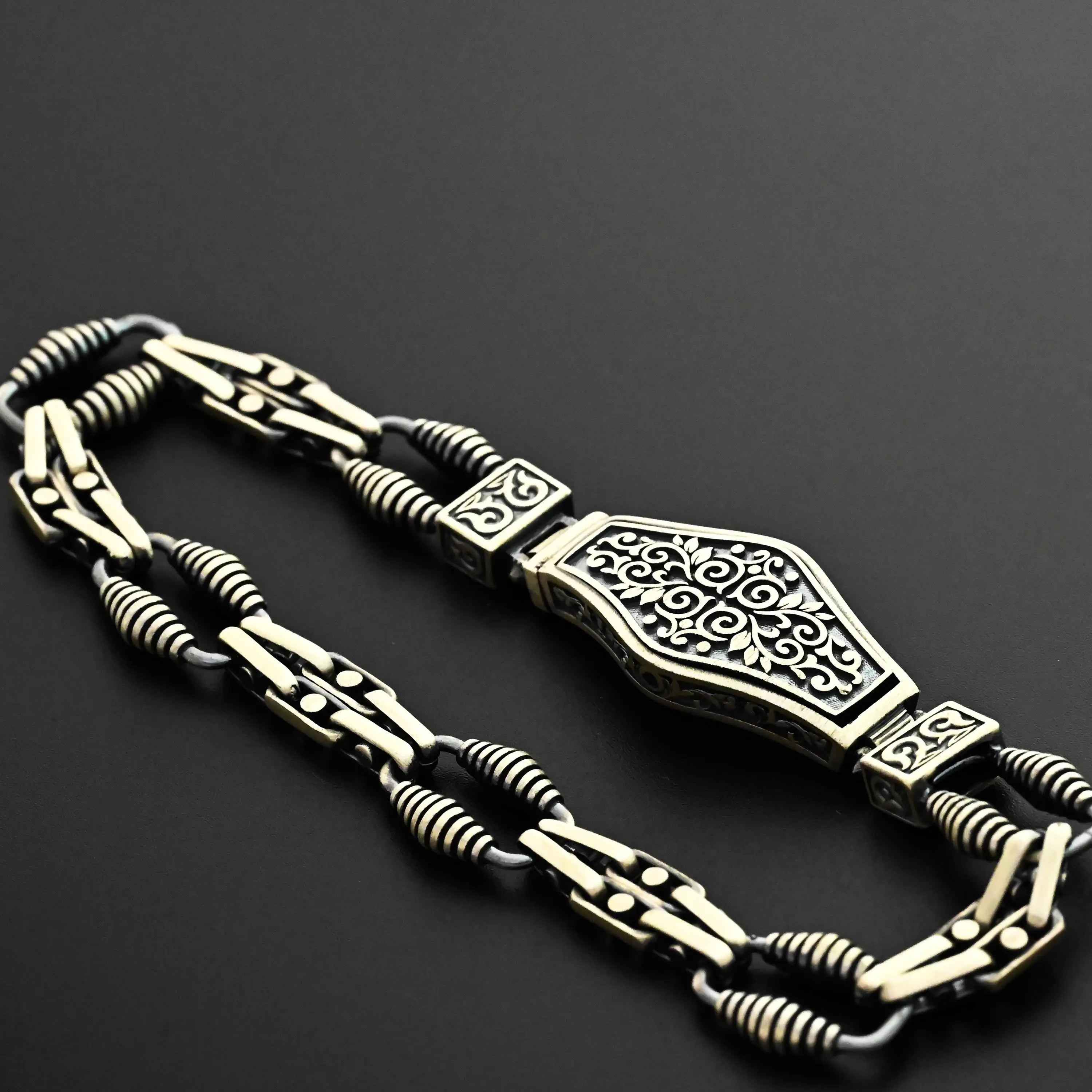 925 Sterling Silver Men’s Bracelet with Ornate Lock | Handmade Gothic Chain Bracelet