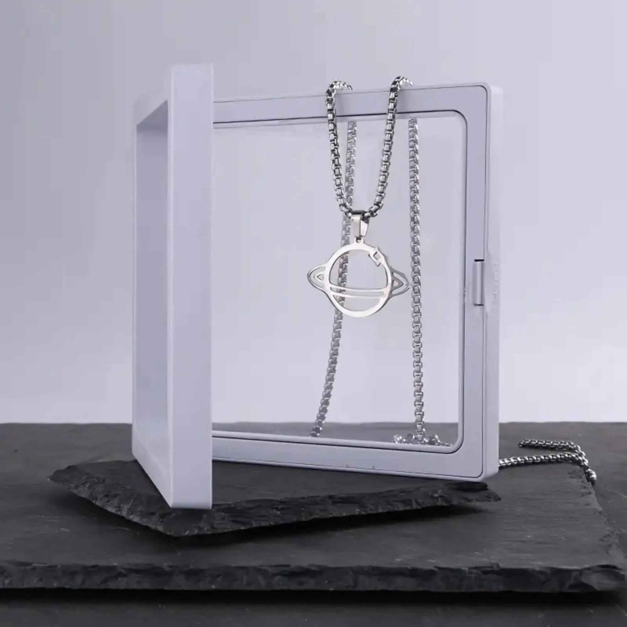 Sterling Silver Saturn Planet Necklace: Galaxy Pendant for Men