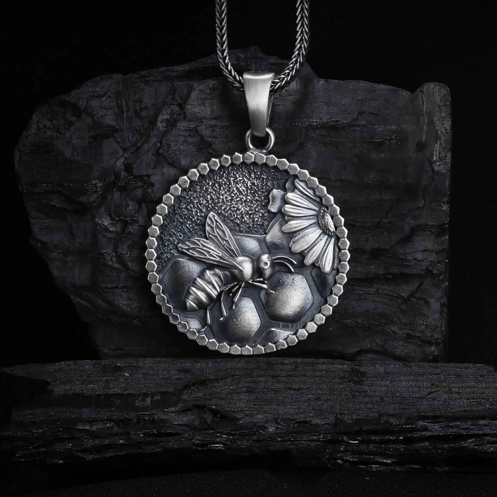 Handmade Sterling Silver Bee Necklace: Honeycomb Pendant Jewelry