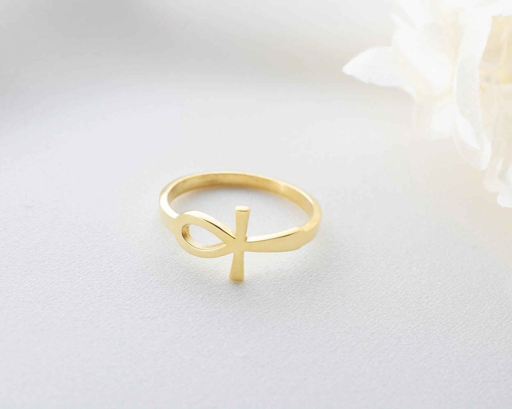 Solid Gold Ankh Ring: Egyptian Cross Jewelry, Handcrafted Gift
