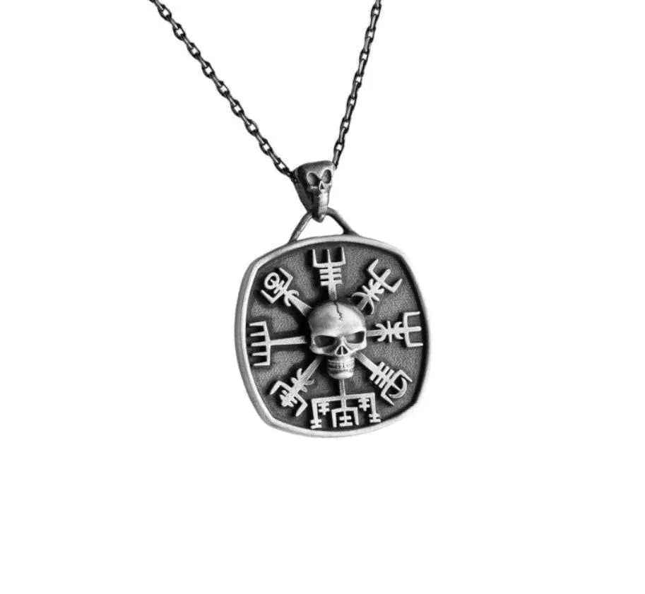 Sterling Silver Viking Vegvisir Skull Necklace: Norse Jewelry