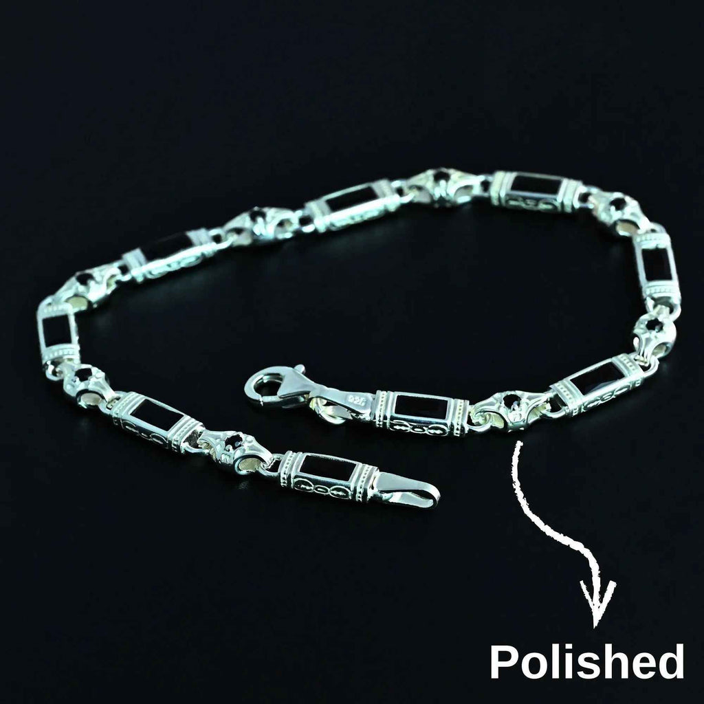 925 Sterling Silver Men's Bracelet: Onyx - Garnet - Navy Blue Zircon Vintage Link Design