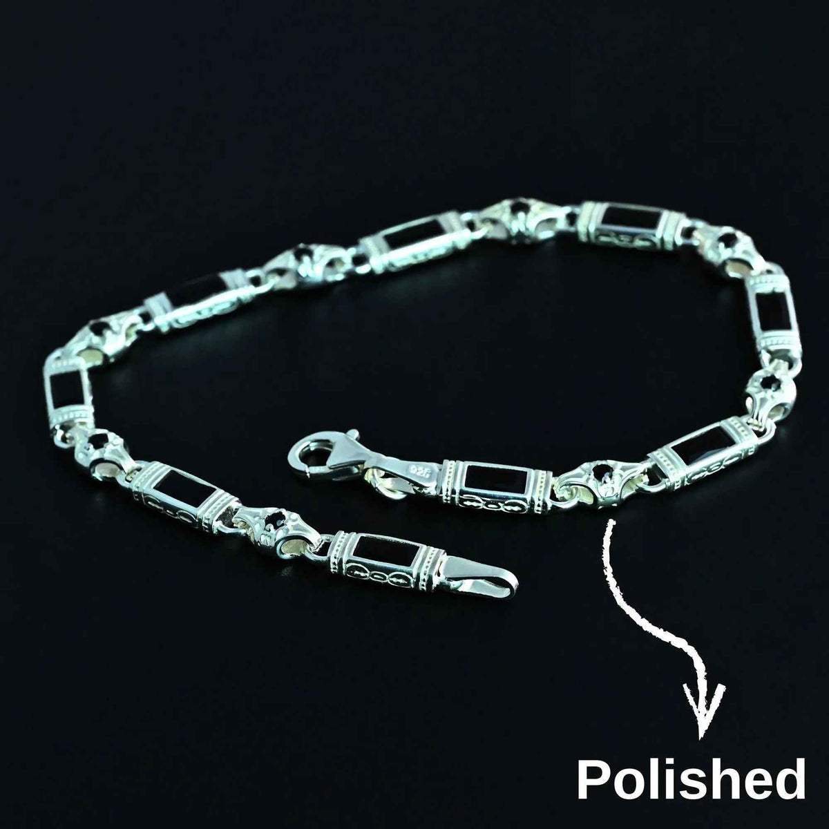 925 Sterling Silver Men's Bracelet: Onyx - Garnet - Navy Blue Zircon Vintage Link Design