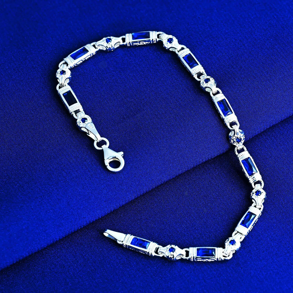 Sterling Silver Men’s Bracelet with Sapphire Baguette Stones – Gift for Him
