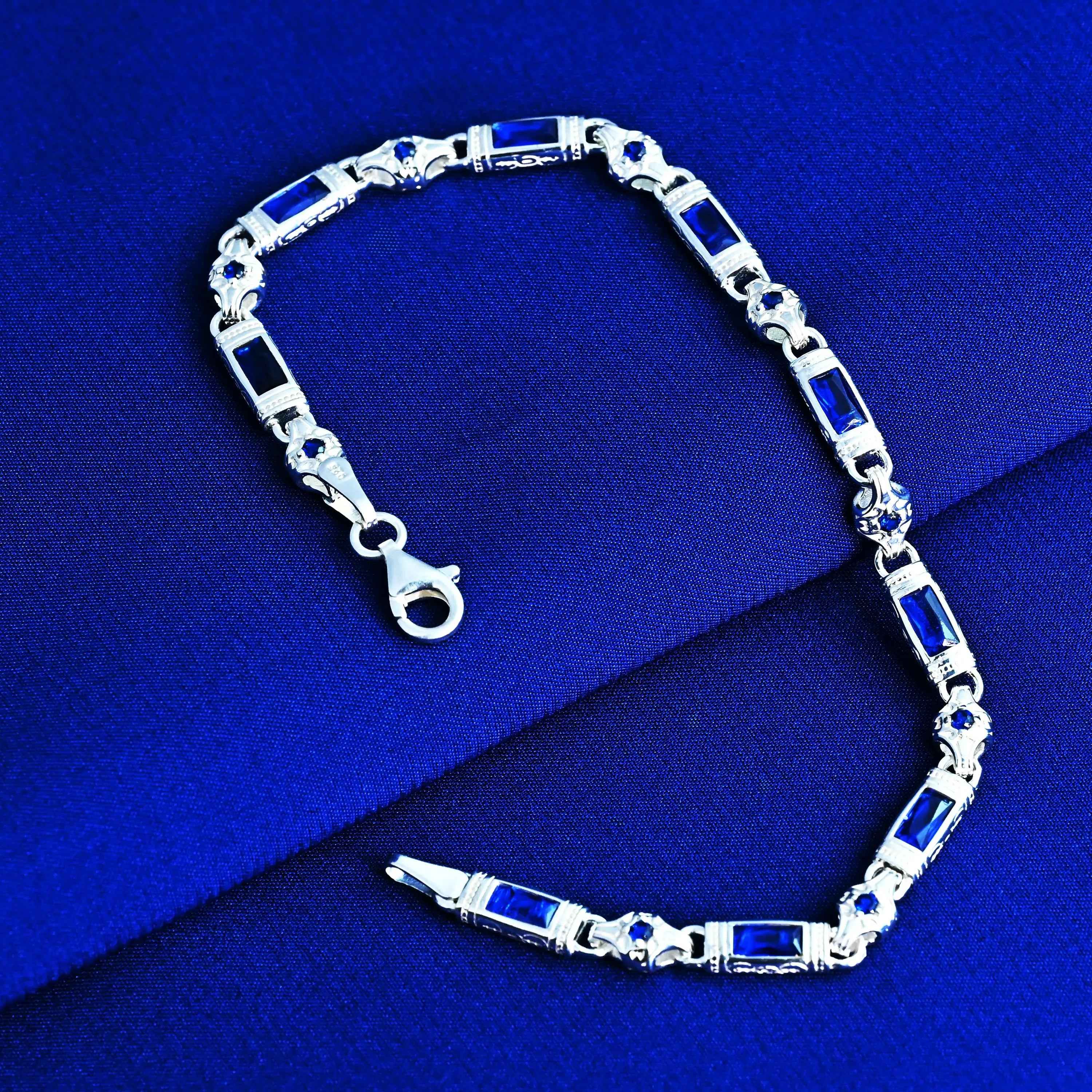Sterling Silver Men’s Bracelet with Sapphire Baguette Stones – Gift for Him