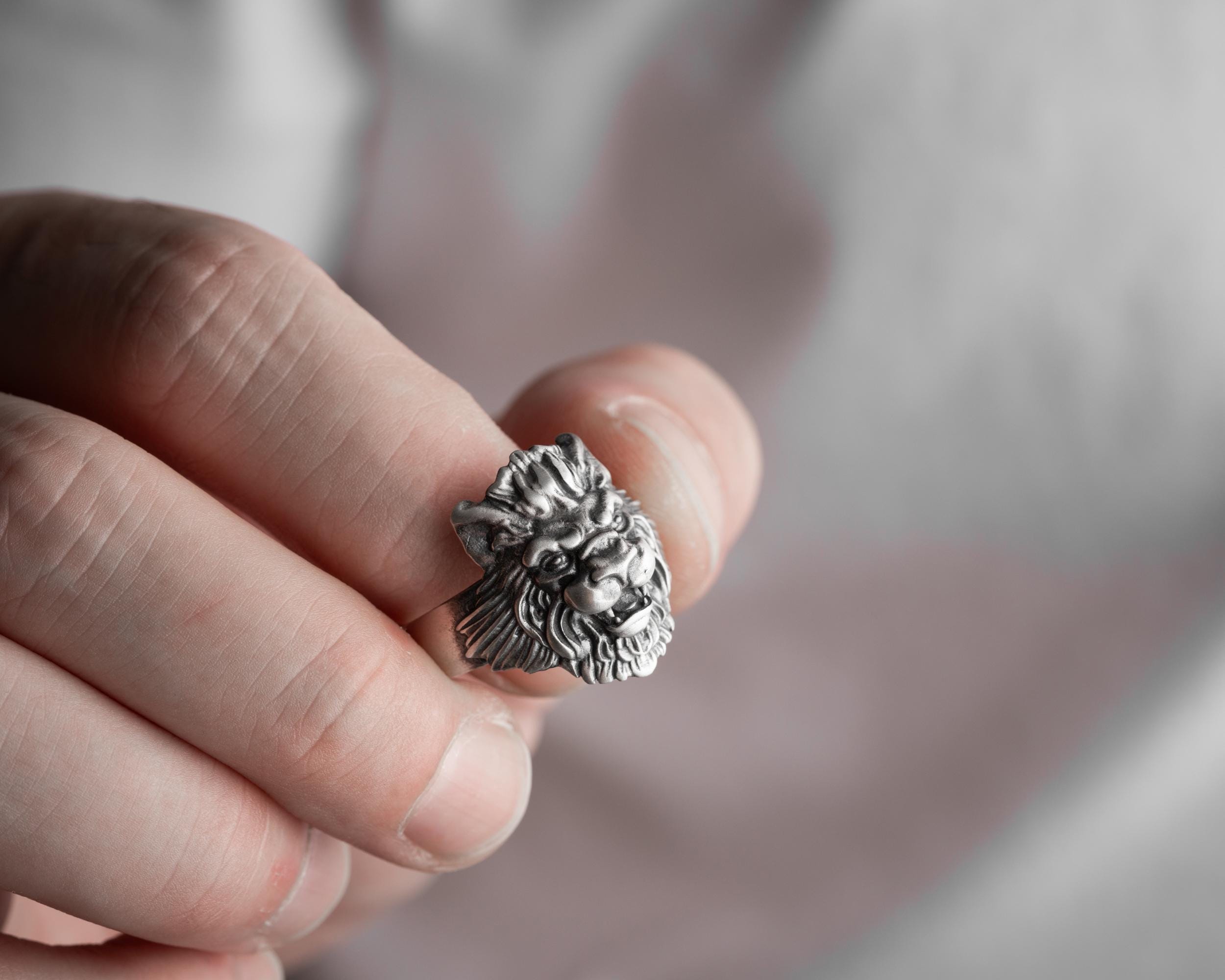 Sterling Silver Lion Head Ring - Handmade Mens Jewelry