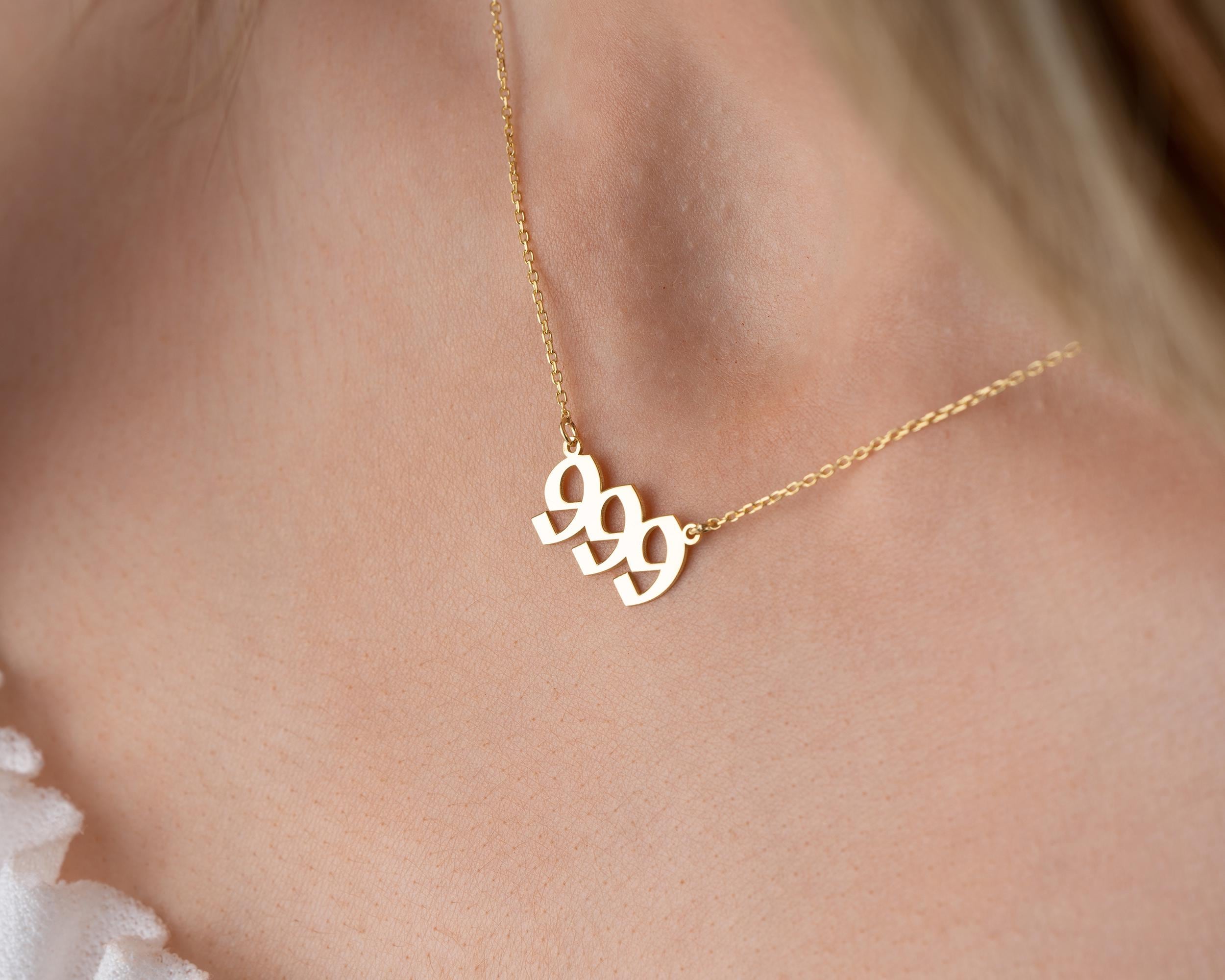 Gold 999 Angel Number Necklace: Sterling Silver Numerology Jewelry