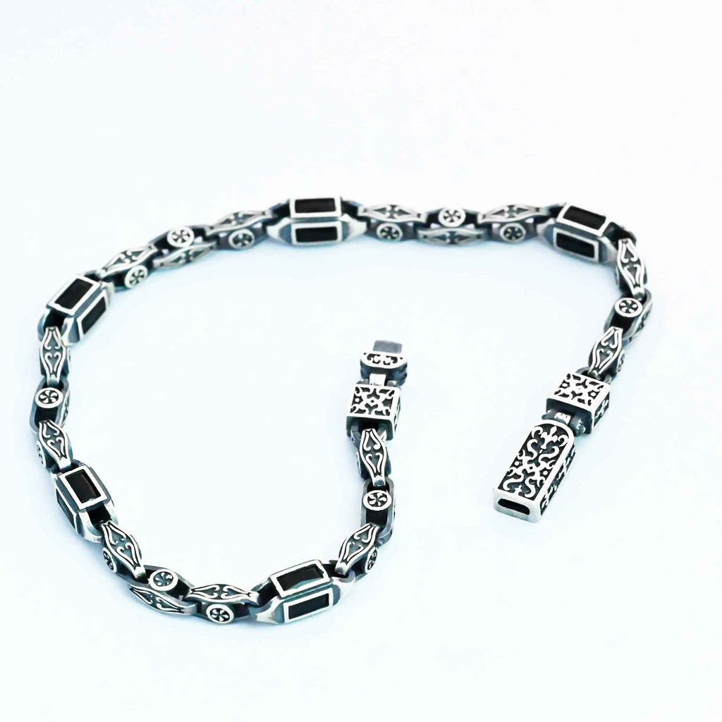Sterling Silver Men's Bracelet: Black Zircon Vintage Link Design