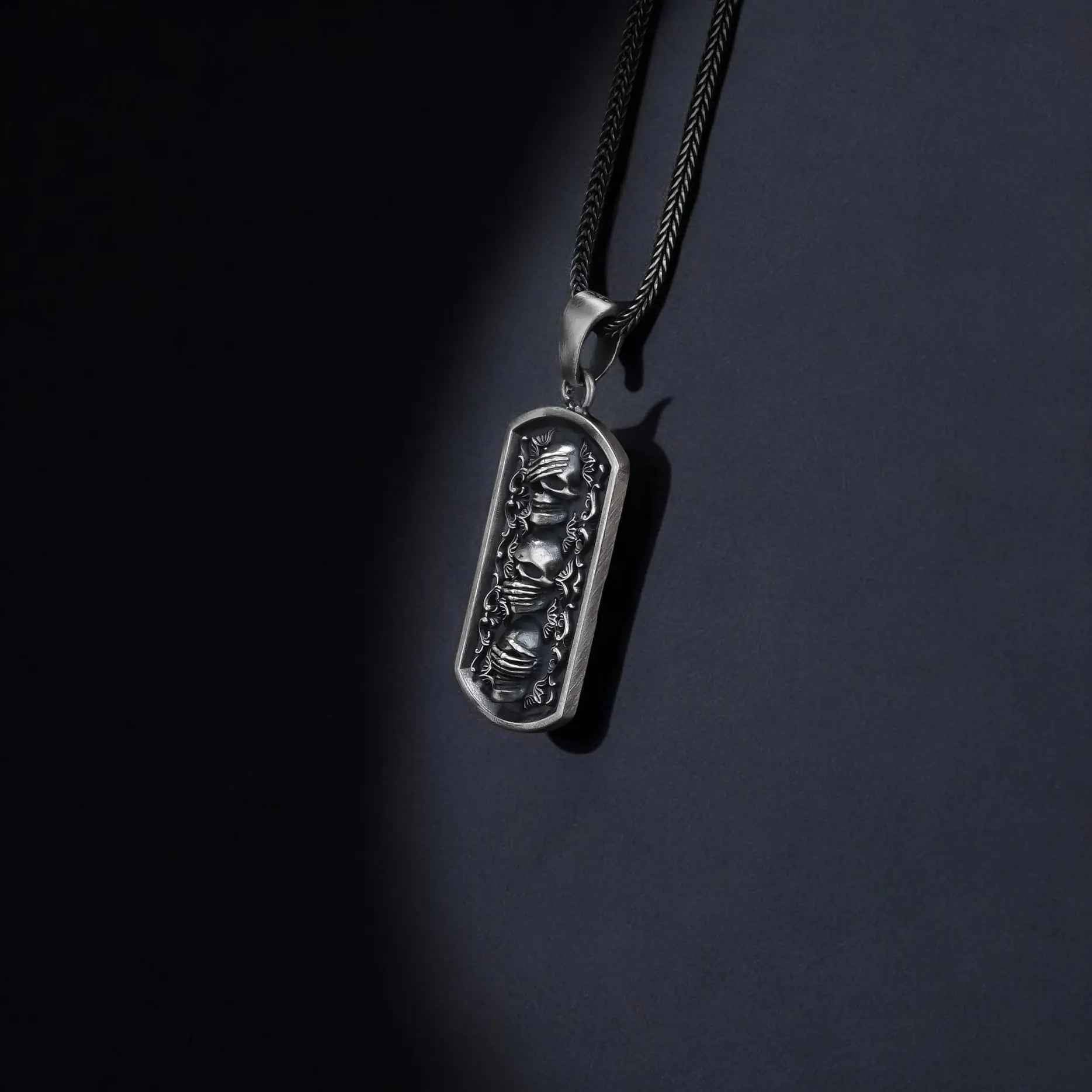 Sterling Silver Three Wise Skulls Necklace: Gothic Pendant Jewelry
