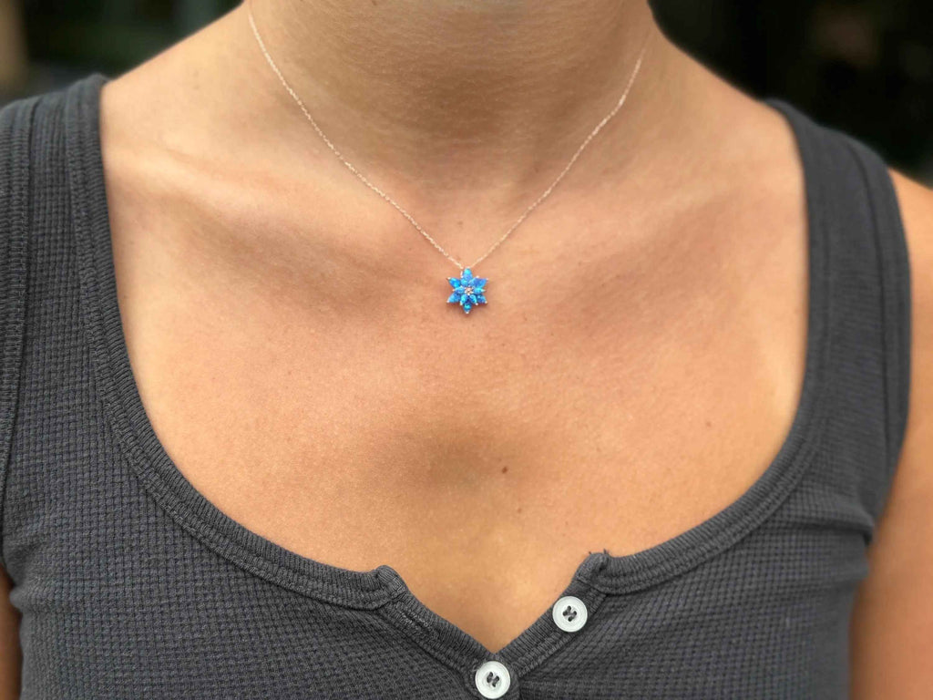 Opal Lotus Flower Necklace: Rose Gold Sterling Silver, Blue Opal