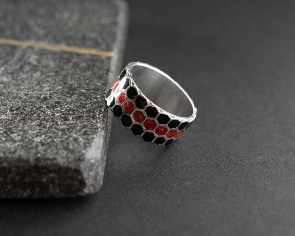 Honeycomb Sterling Silver Ring: Geometric Beehive Jewelry Men   Charmora Jewelry