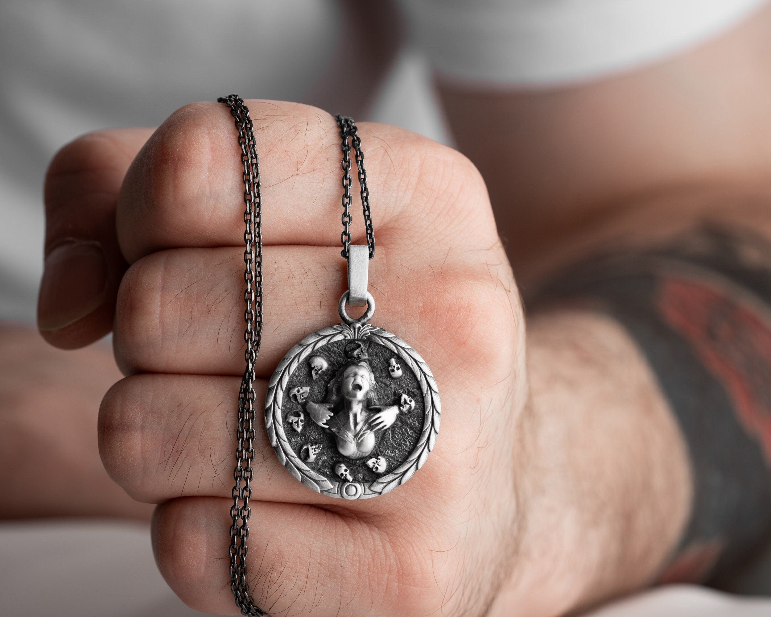 Collier avec pendentif crâne ange démon en argent sterling : Bijoux punk et motard