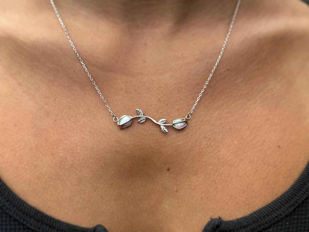 Silver Tulip Necklace: Opal Stone Pendant, Handmade Floral Jewelry