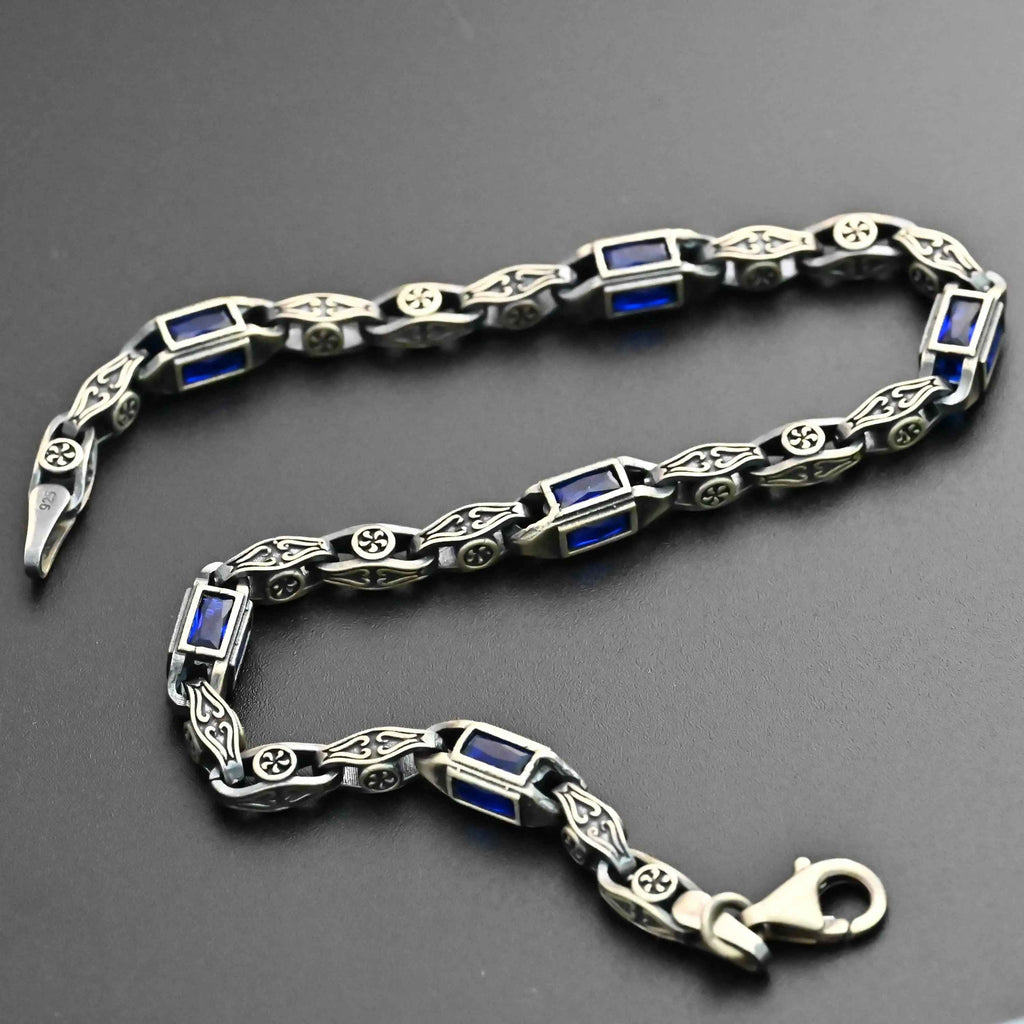 Sterling Silver Men's Bracelet: Blue Zircon Vintage Link Design