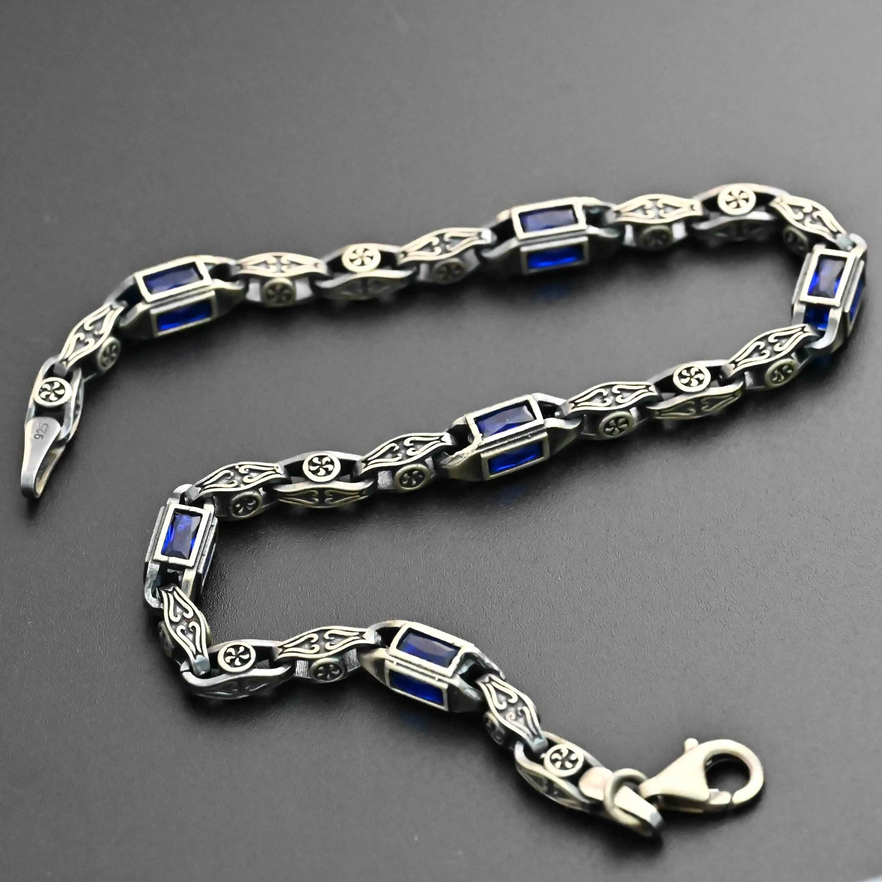 Sterling Silver Men's Bracelet: Blue Zircon Vintage Link Design