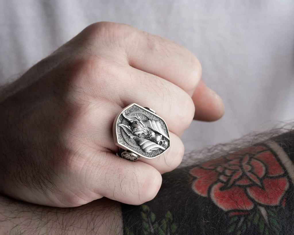 Anubis Skull Sterling Silver Ring - Ancient Egyptian Mens Jewelry