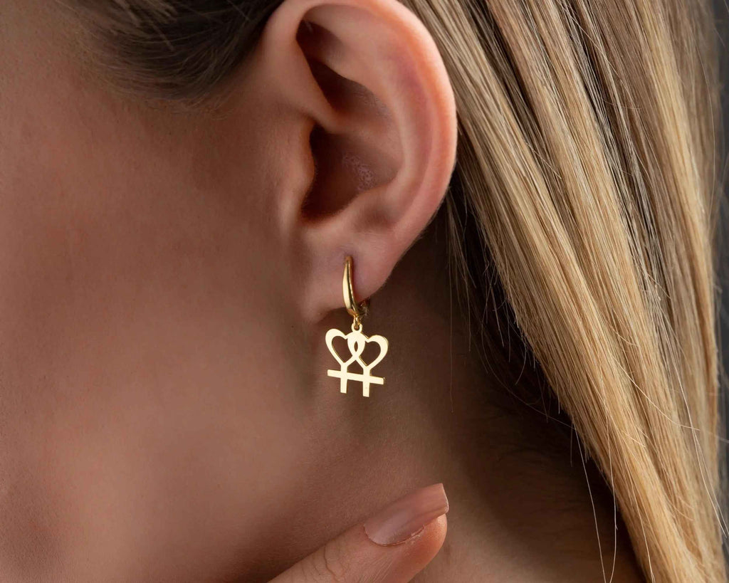 Solid Gold Lesbian Pride Heart Earrings: Venus Symbol Jewelry