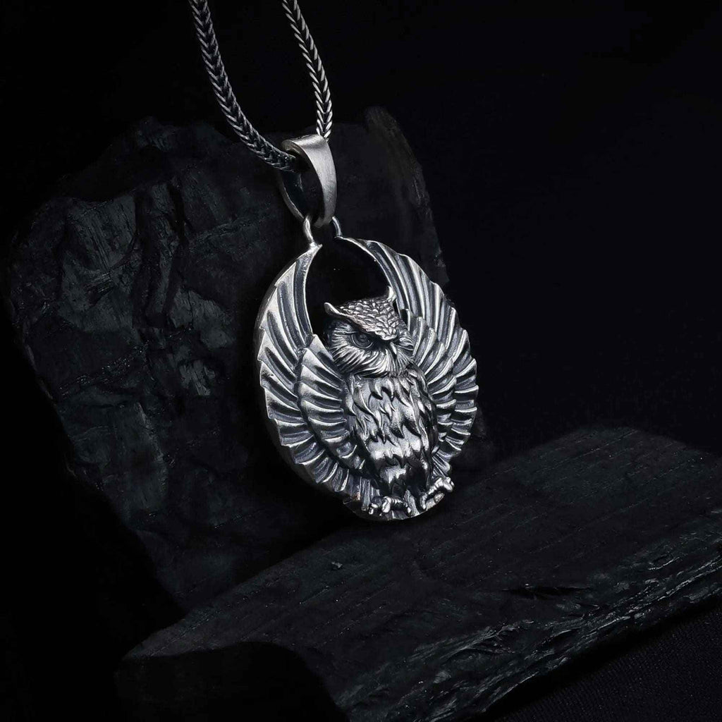Sterling Silver Owl Pendant Necklace: Open Wings, Night Bird Jewelry