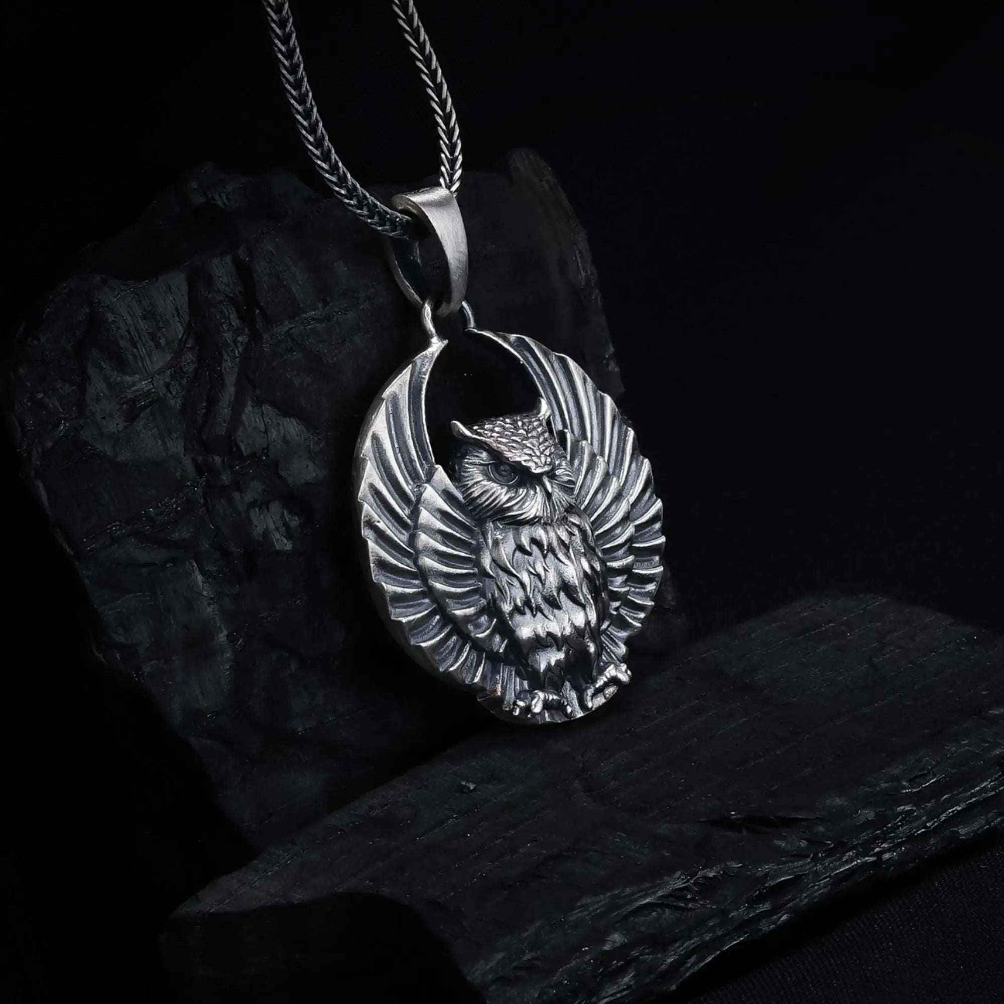 Sterling Silver Owl Pendant Necklace: Open Wings, Night Bird Jewelry