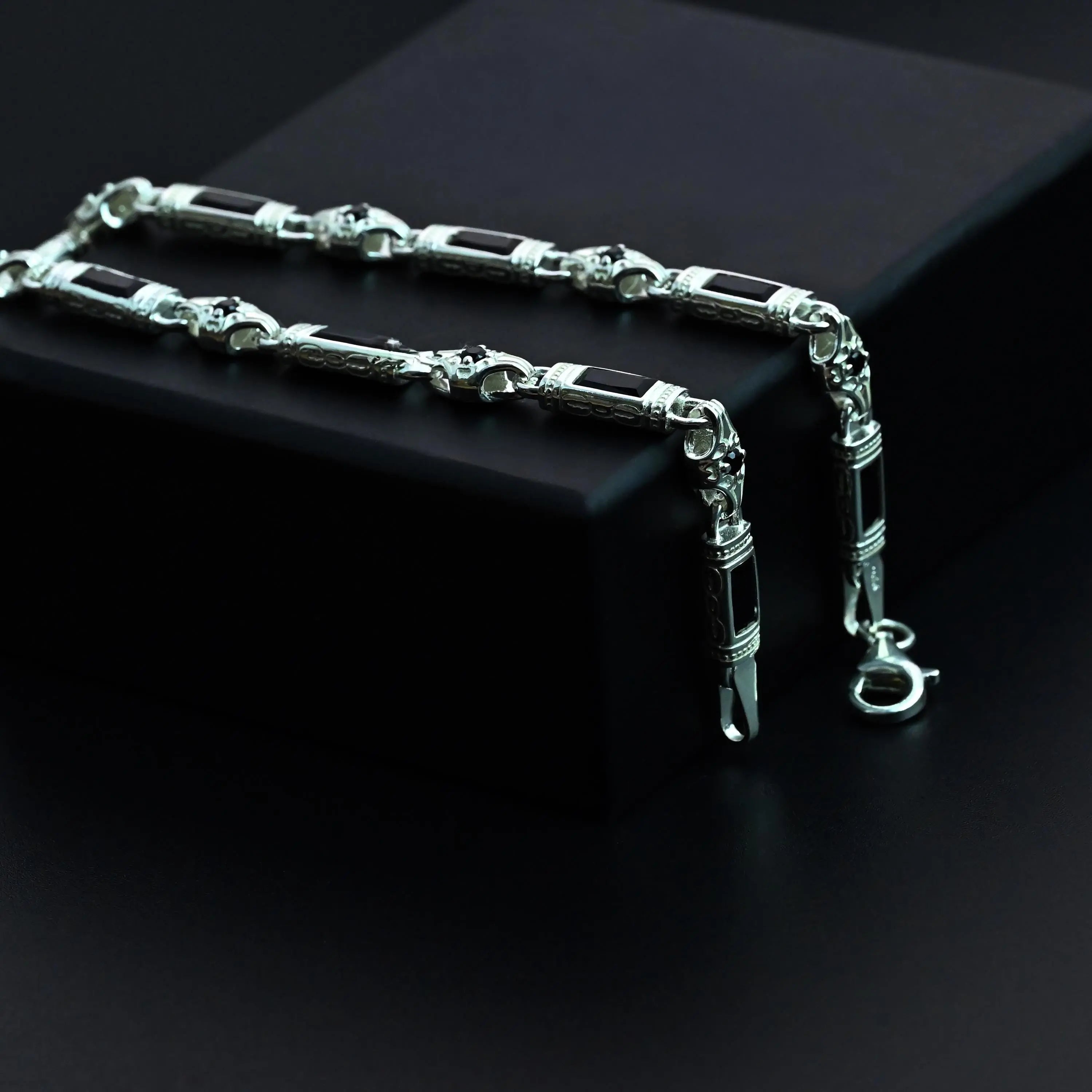 Black Zircon Baguette Stone Bracelet Handmade Sterling Silver Chain   Charmora Jewelry