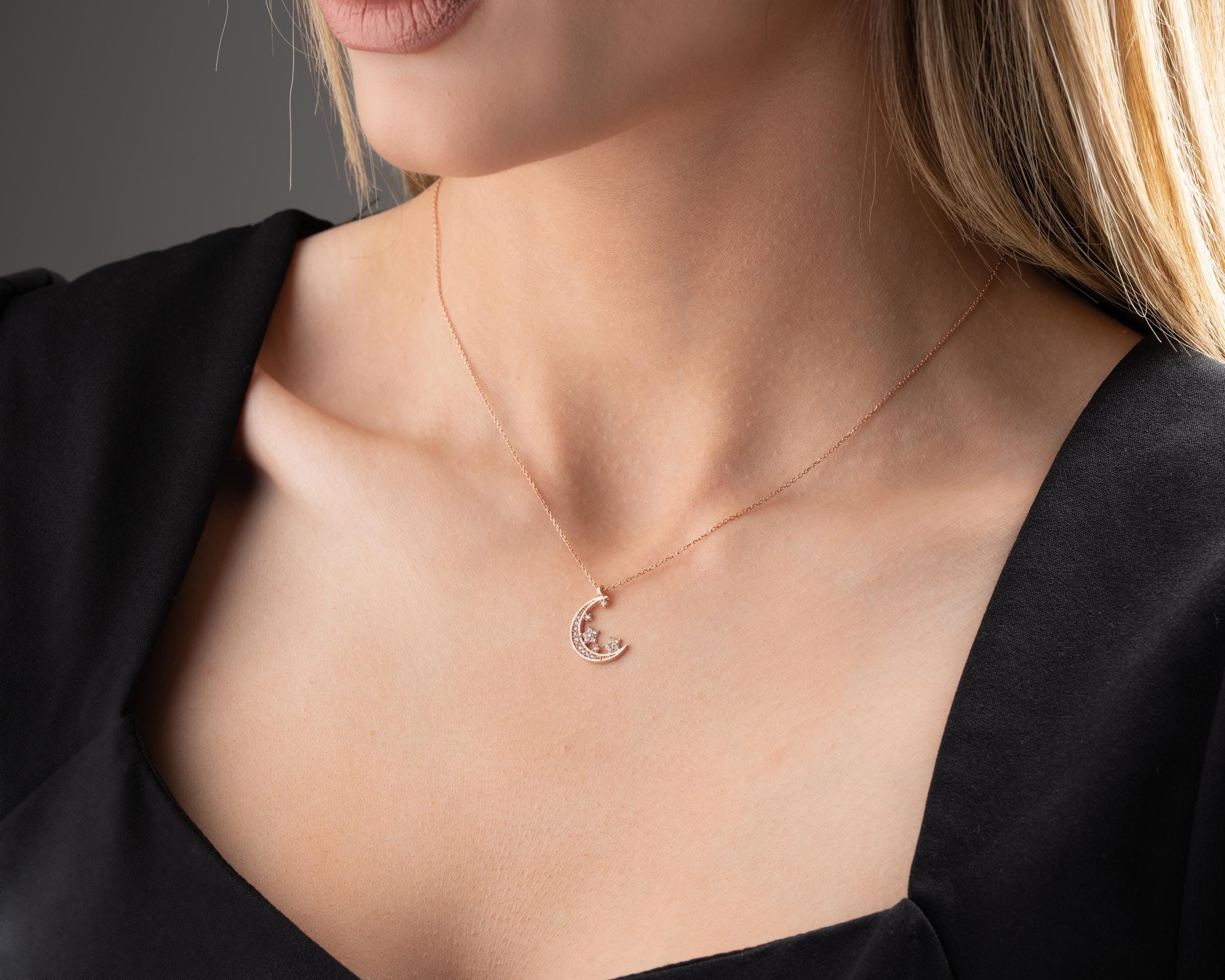 Sterling Silver Crescent Moon and Star Necklace: Celestial Jewelry