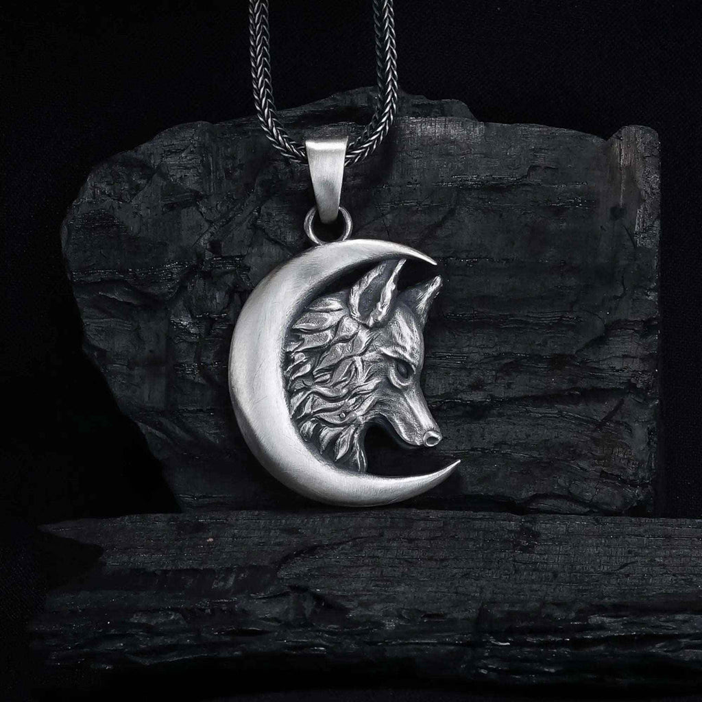 Sterling Silver Wolf Moon Pendant: Engraved Crescent Necklace