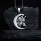 Sterling Silver Wolf Moon Pendant: Engraved Crescent Necklace