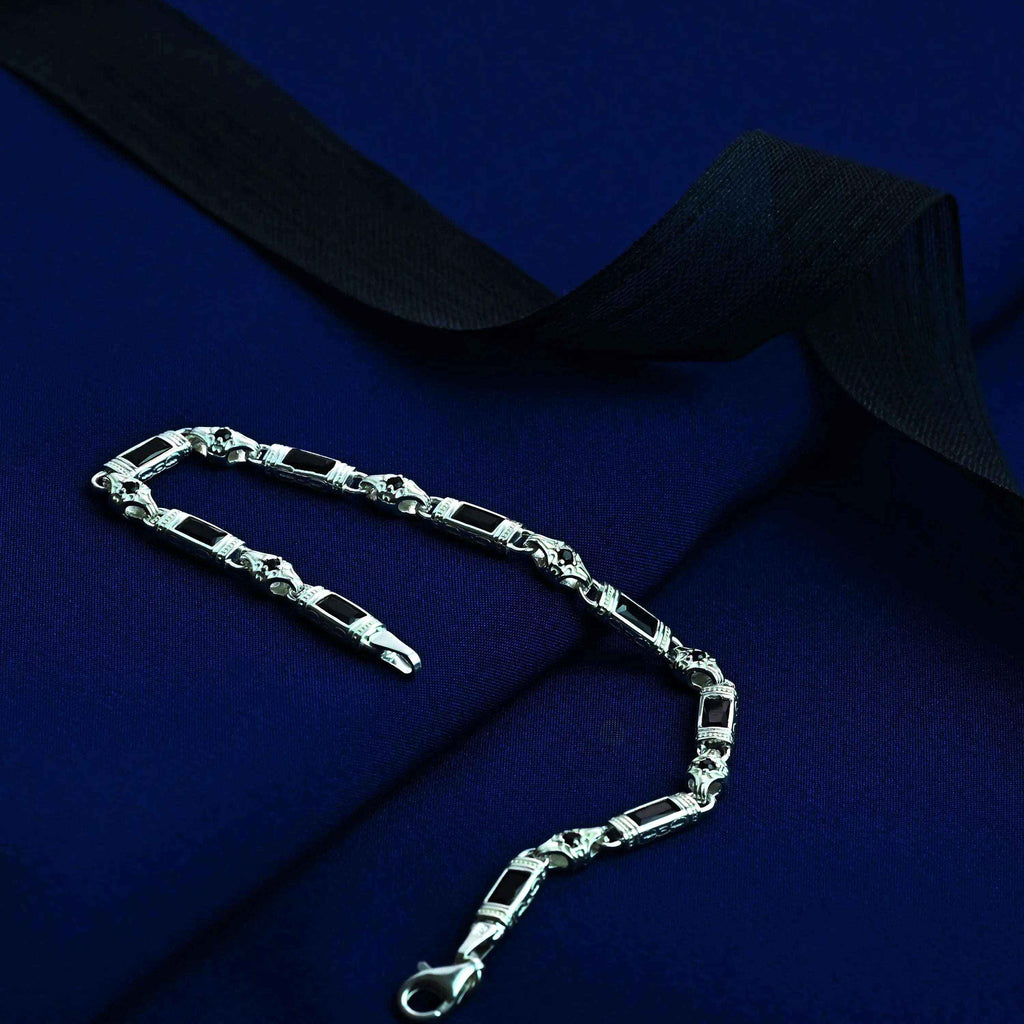 925 Sterling Silver Men's Bracelet: Onyx - Garnet - Navy Blue Zircon Vintage Link Design