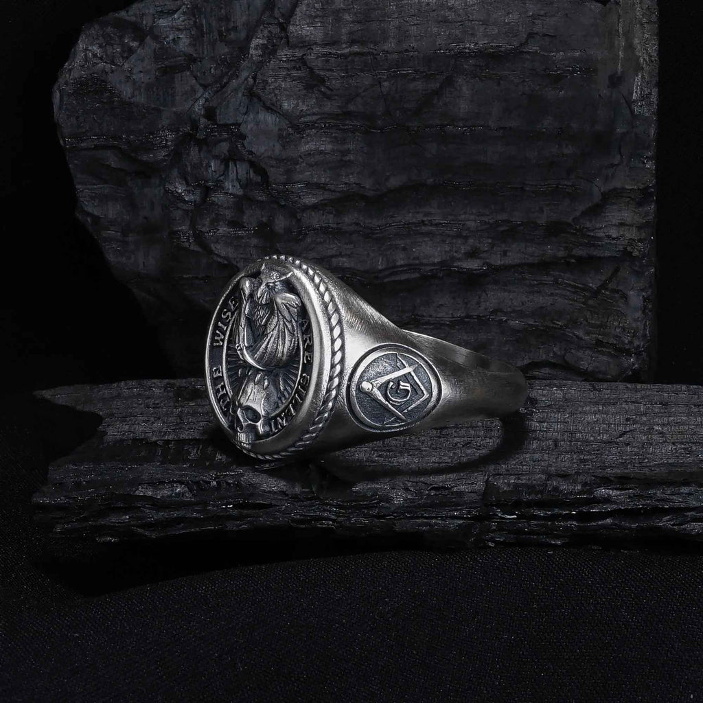 Oxidized Sterling Silver Owl Skull Ring: Gothic Biker Jewelry