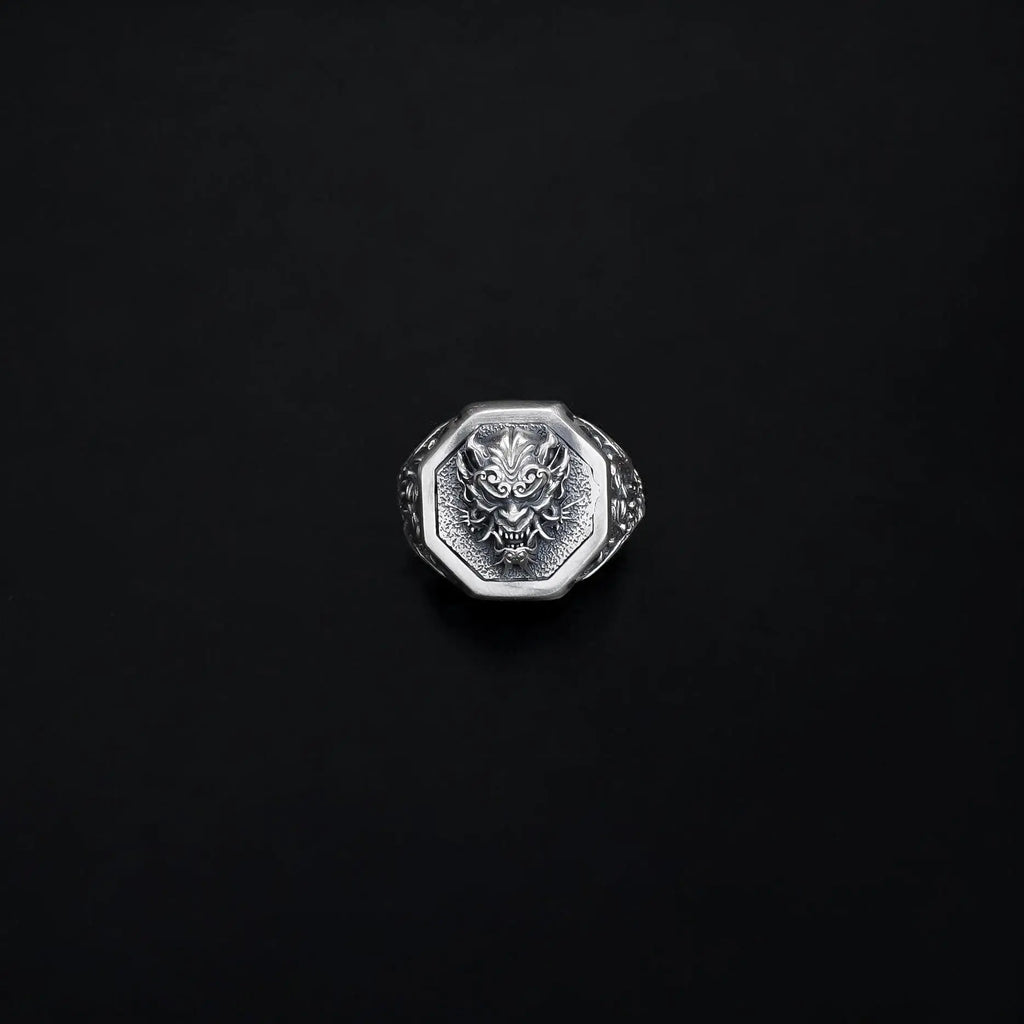 Sterling Silver Oni Mask Ring: Japanese Samurai Biker Jewelry   Charmora Jewelry