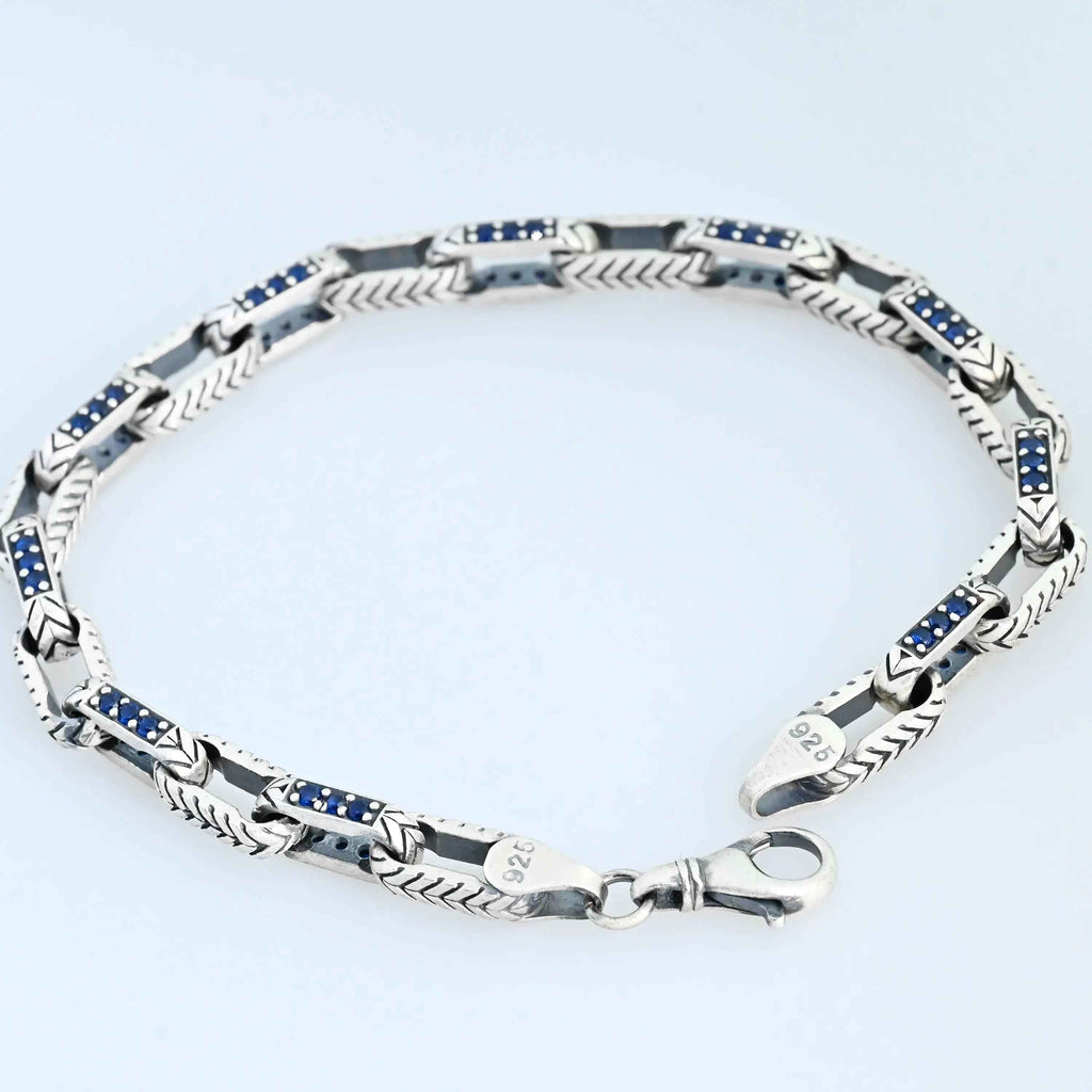 925 Sterling Silver Men’s Bracelet with Blue Stones, Handmade Chain Bracelet, Bold Masculine Jewelry