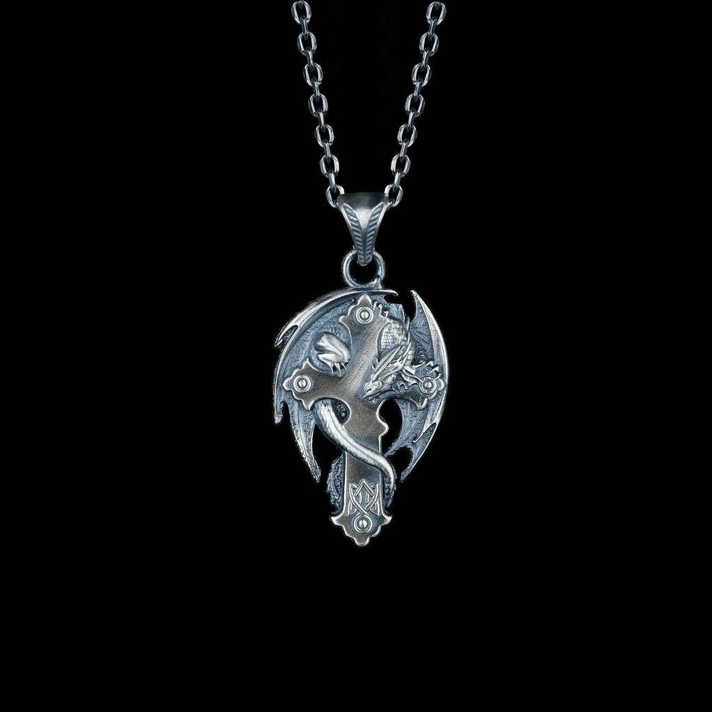 925 Silver Dragon Cross Necklace | Handmade Gothic Faith Men Jewelry