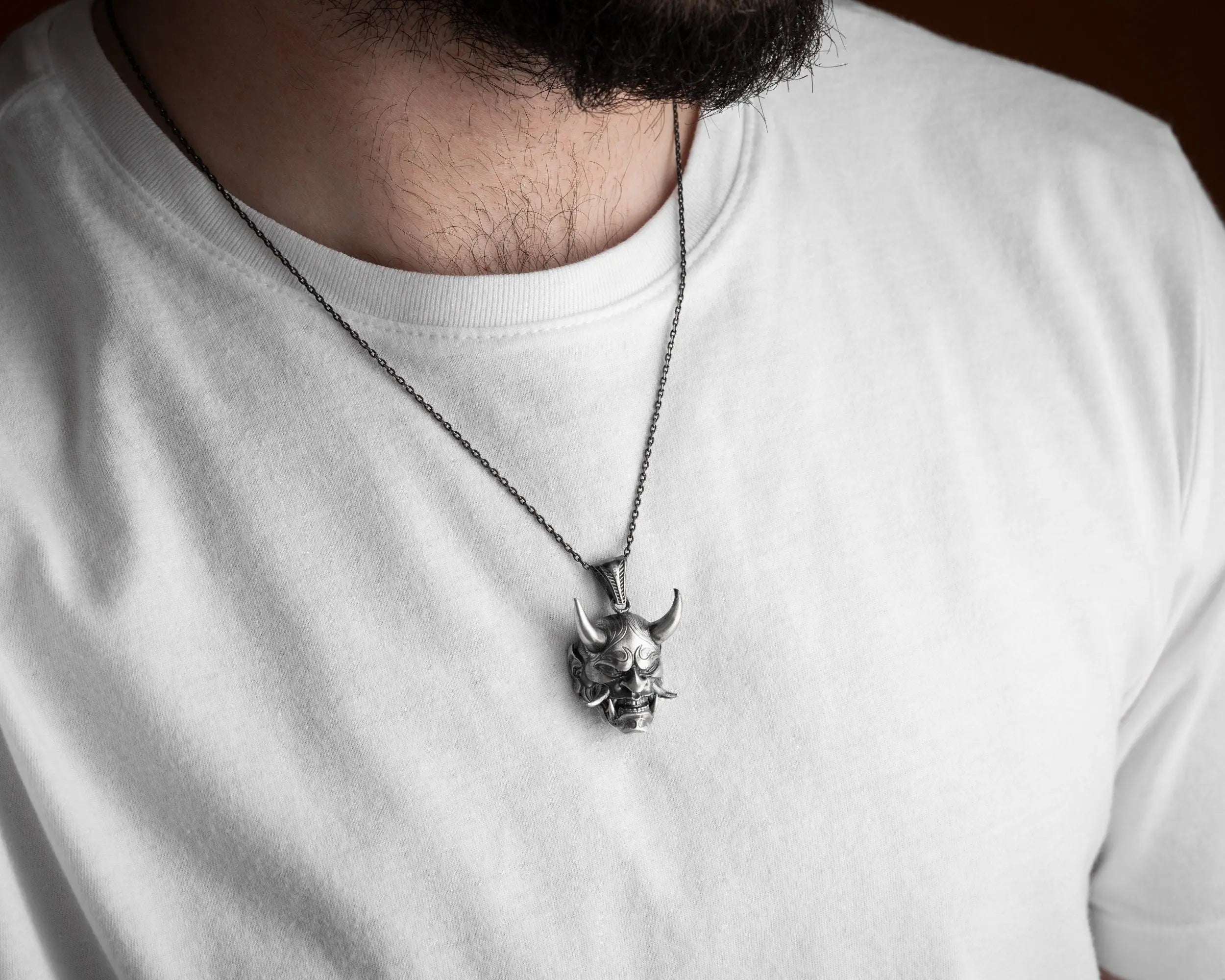 Sterling Silver Oni Mask Necklace: Japanese Samurai Pendant   Charmora Jewelry