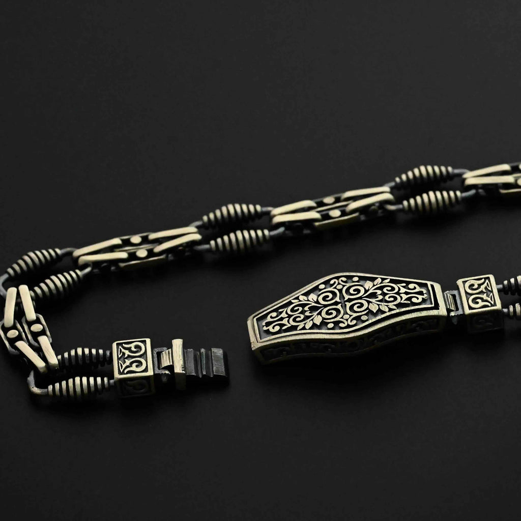 925 Sterling Silver Men’s Bracelet with Ornate Lock | Handmade Gothic Chain Bracelet