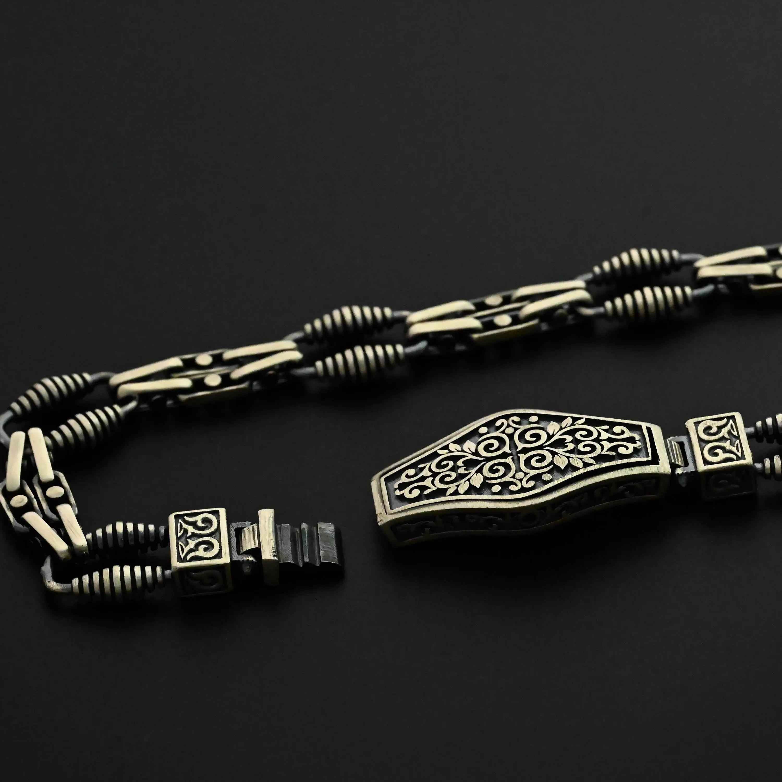 925 Sterling Silver Men’s Bracelet with Ornate Lock | Handmade Gothic Chain Bracelet