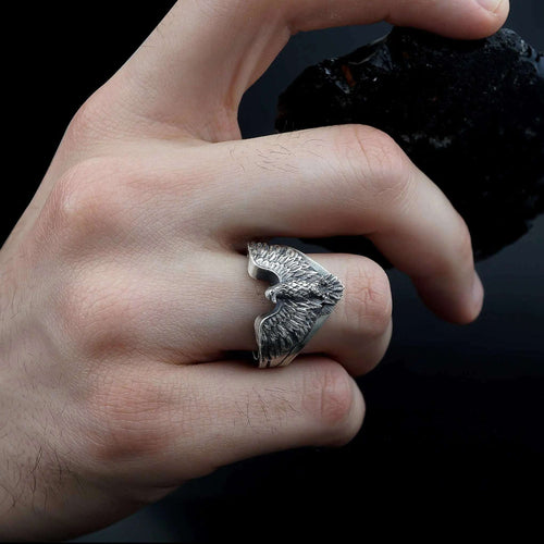 Oxidized Sterling Silver American Eagle Ring: Patriotic Bird Wrap   Charmora Jewelry