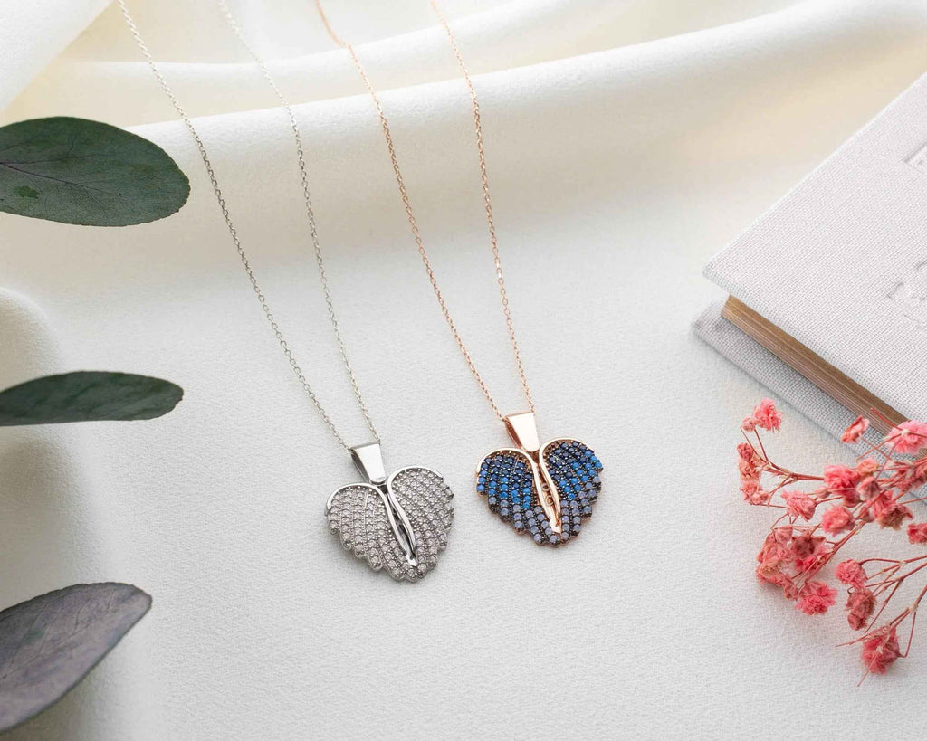 Engraved Angel Wing Heart Necklace: Sterling Silver Personalized Pendant