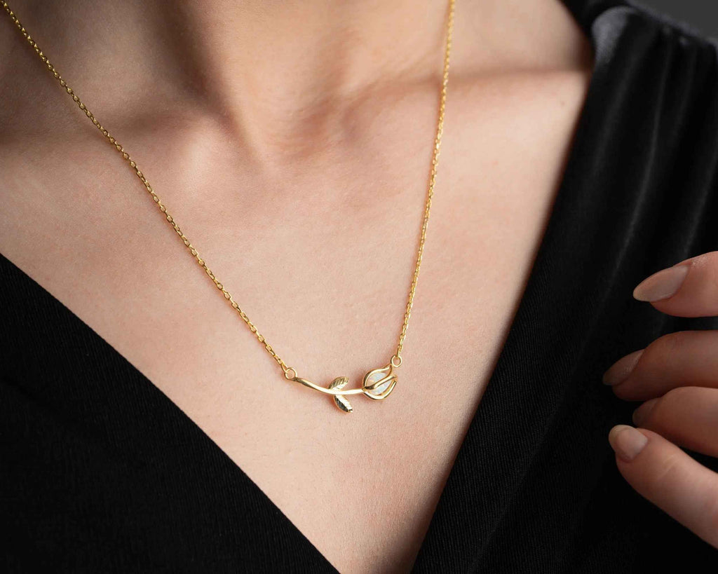 Minimalist Sterling Silver Tulip Necklace: White Opal Pendant