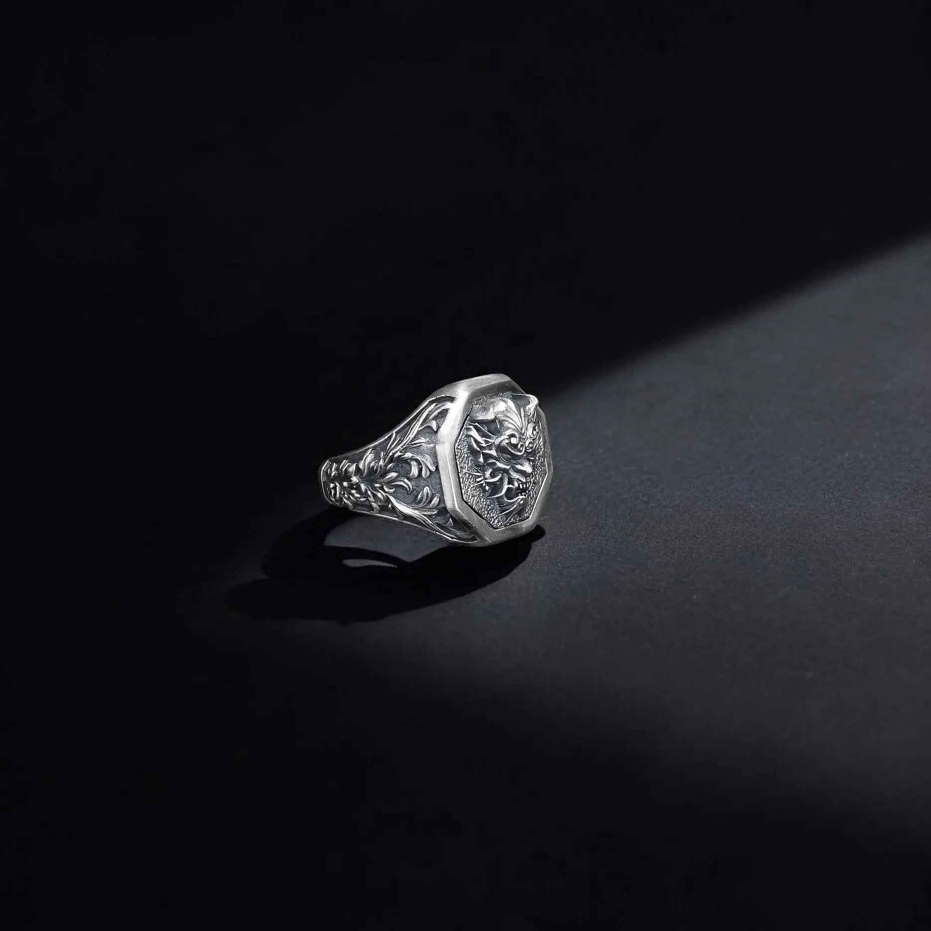Sterling Silver Oni Mask Ring: Japanese Samurai Biker Jewelry