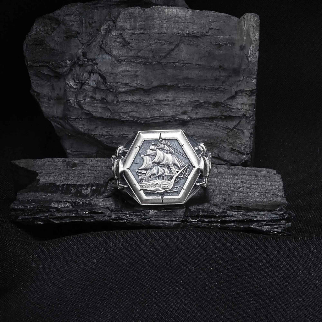 Sterling Silver Viking Sailboat Ring: Nautical Jewelry Gift