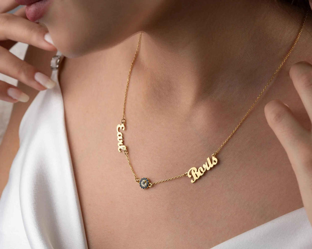 Gold Evil Eye Name Necklace: Personalized Sterling Silver Jewelry