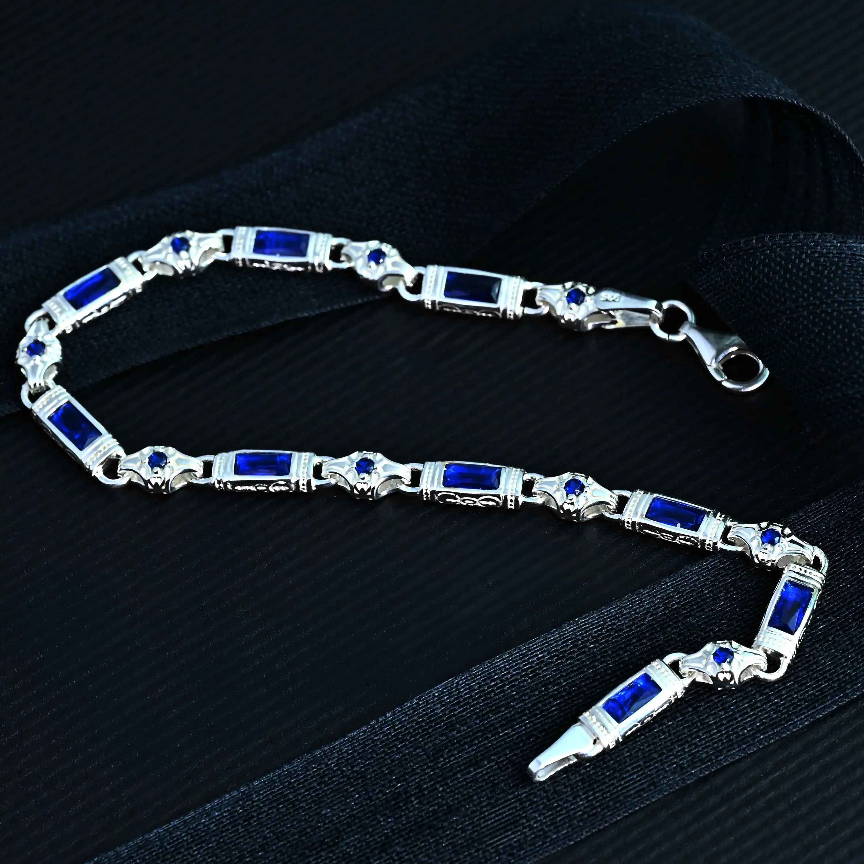 Sterling Silver Men’s Bracelet with Sapphire Baguette Stones – Gift for Him