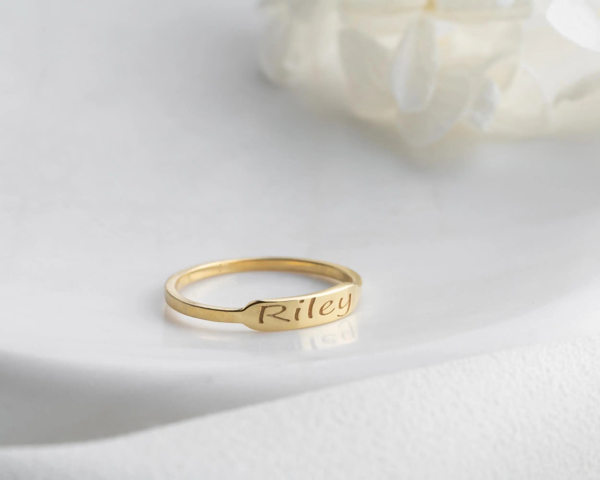 Solid Gold Dainty Name Ring: Personalized Engraved Jewelry Charmora Jewelry