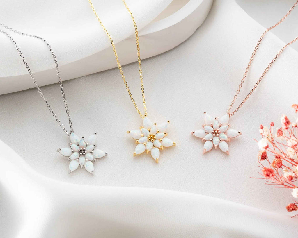Opal Lotus Flower Necklace: Sterling Silver, Handmade Jewelry