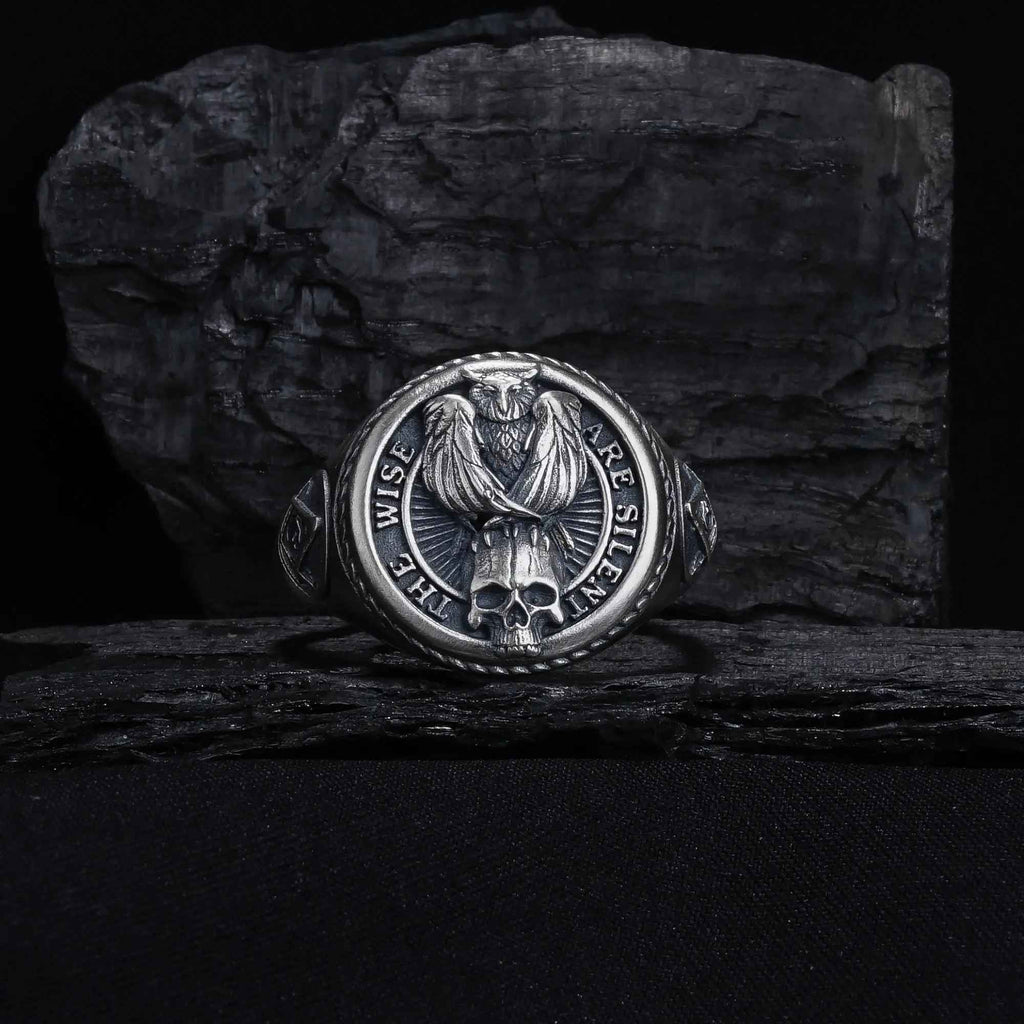 Oxidized Sterling Silver Owl Skull Ring: Gothic Biker Jewelry
