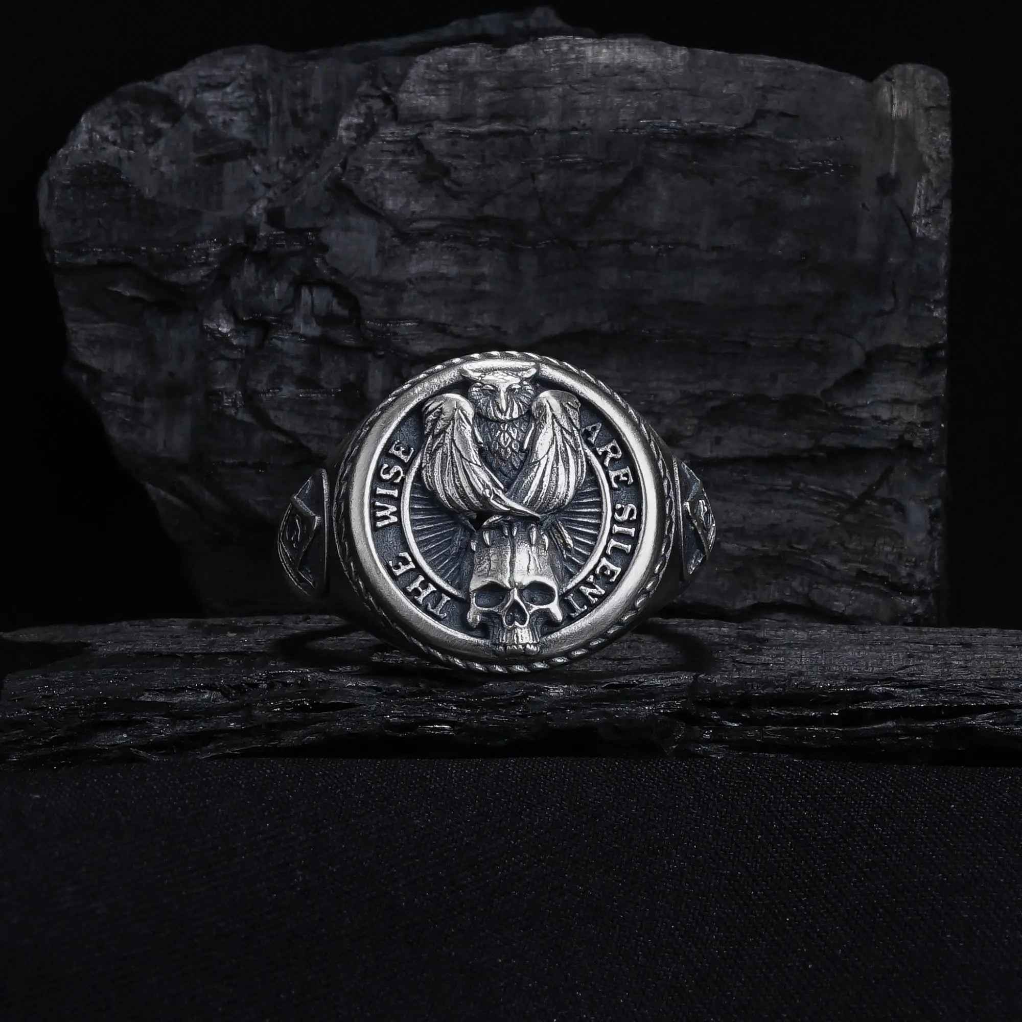 Oxidized Sterling Silver Owl Skull Ring: Gothic Biker Jewelry