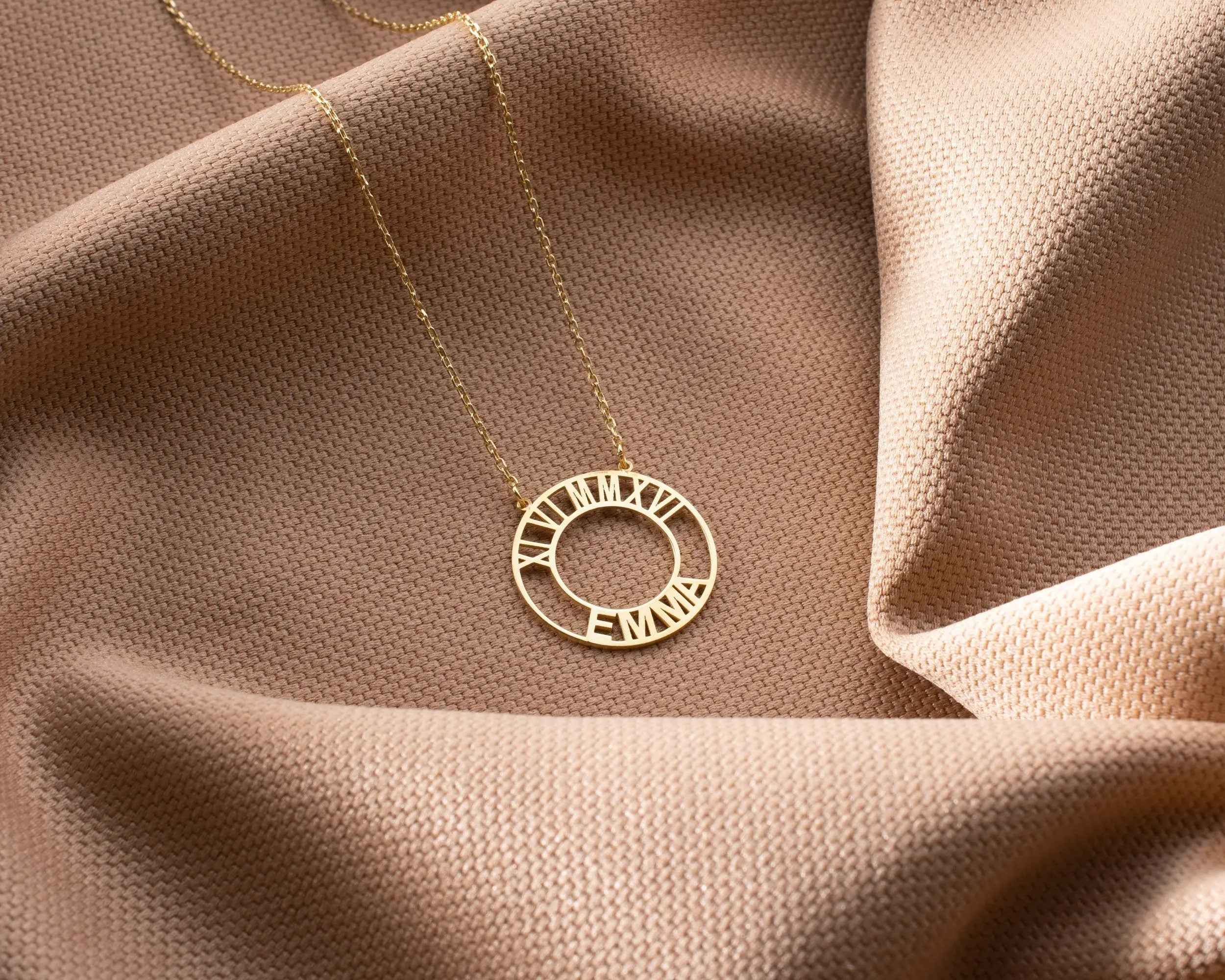 Gold Roman Numeral Necklace: Custom Birthdate Name Pendant