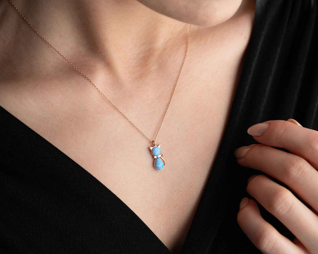 Sterling Silver Cat Necklace: Opal Stone, Rose Gold Finish