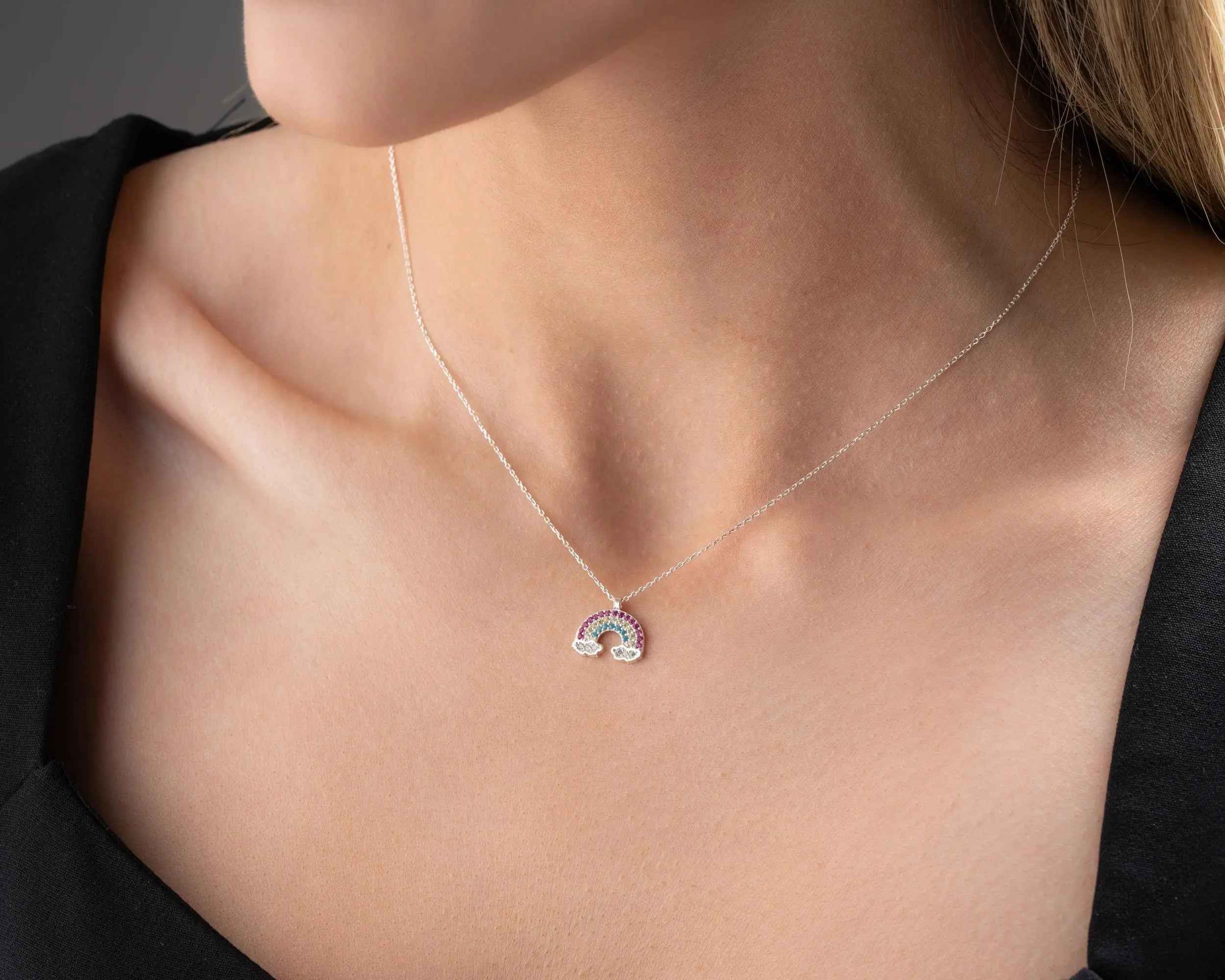 Sterling Silver Rainbow Pendant Necklace, Gift for Her